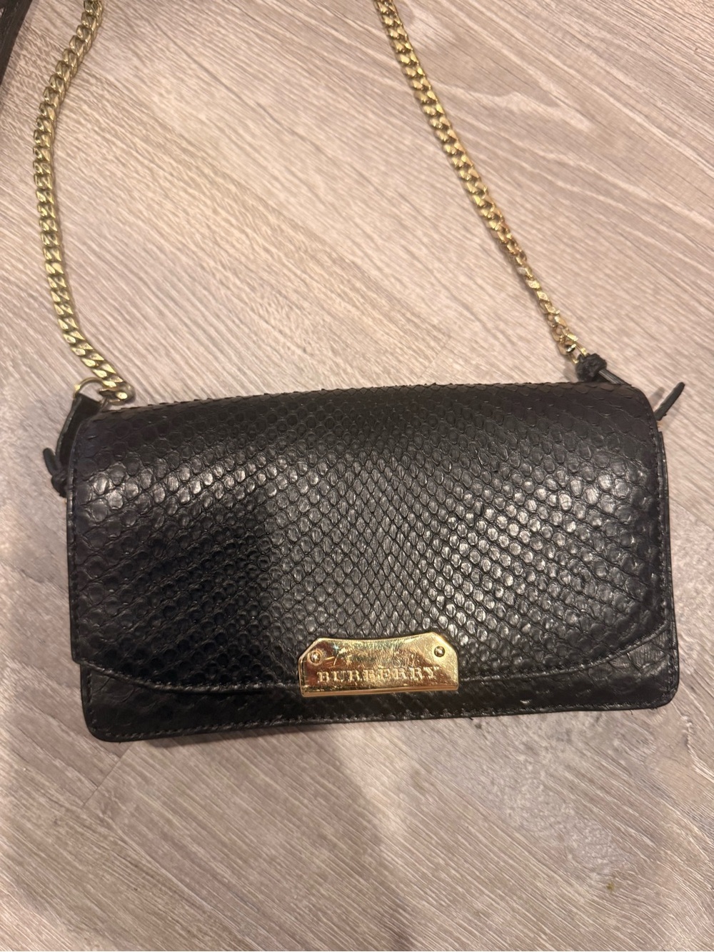 Burberry Black Textured Leather Crossbody with Gold Chain
